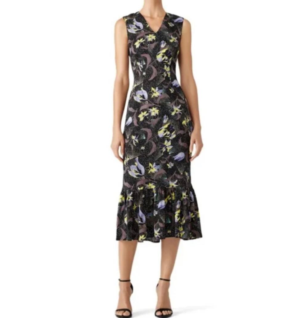 Suno Floral Ruffle Hem midi tea length Sheath dress
